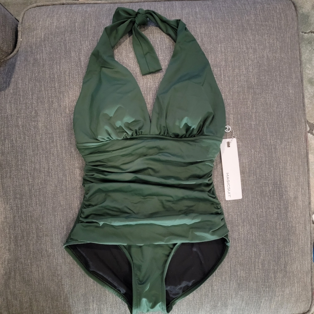🆕️Magicsuit Army Green Ruched Gorgeous slimming Halter One Piece Swimsuit sz 8